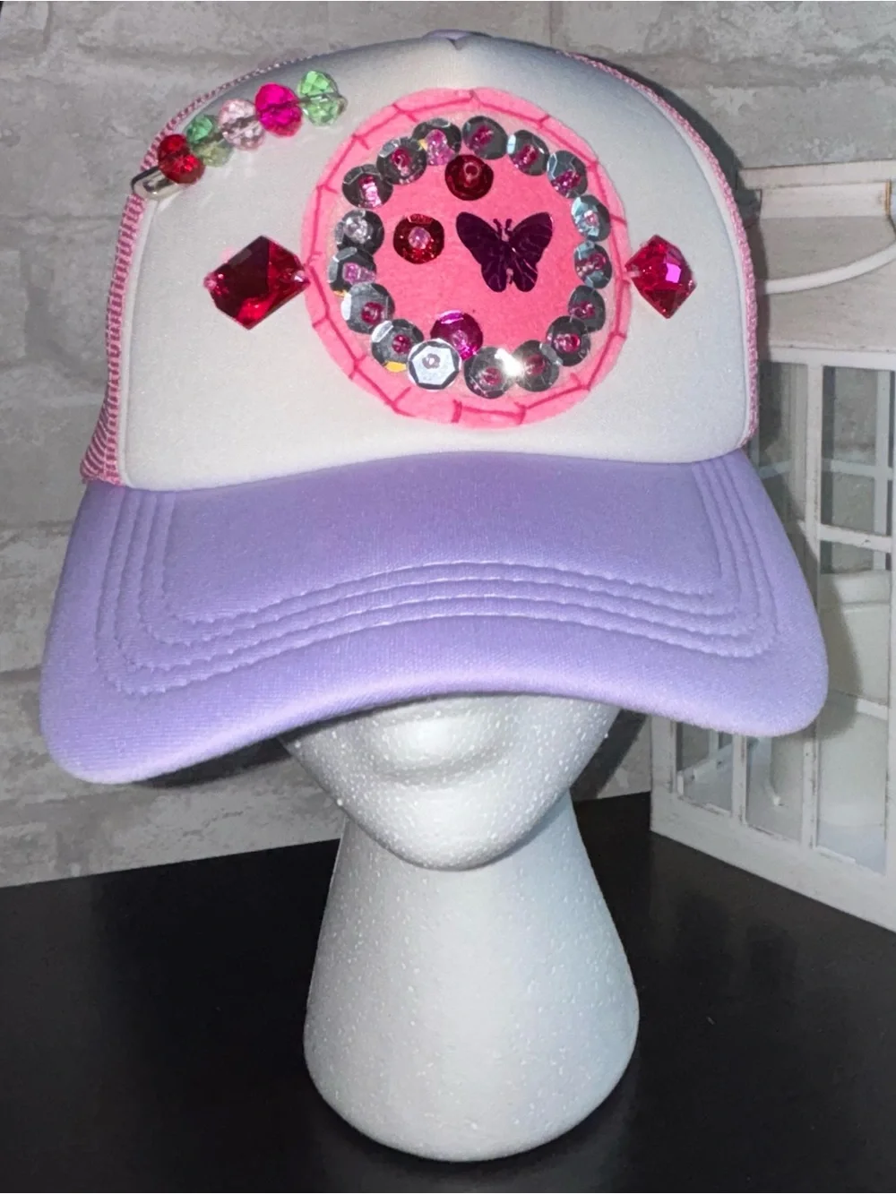 Handmade Design Women’s Pink & Lavender Sequin Butterfly Trucker Hat